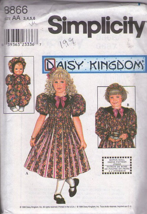 Simplicity 8866 Retro 90's Sewing Pattern Girl's Dress, Daisy Kingdom, Cottagecore Modest Huge Puff Sleeves, Inverted Pleats Detail Party Dress 2 Styles & Matching 13 Doll Romper Size 3-6"