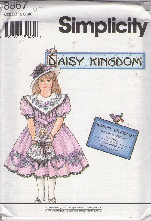 Simplicity 8867 Vintage 90's Sewing Pattern Girl's Party Dress, Daisy Kingdom, Victorian Garden Party Style, Modest Cottagecore Fancy, Platter Collar, Matching Bonus Doll Outfit Size 5-6X