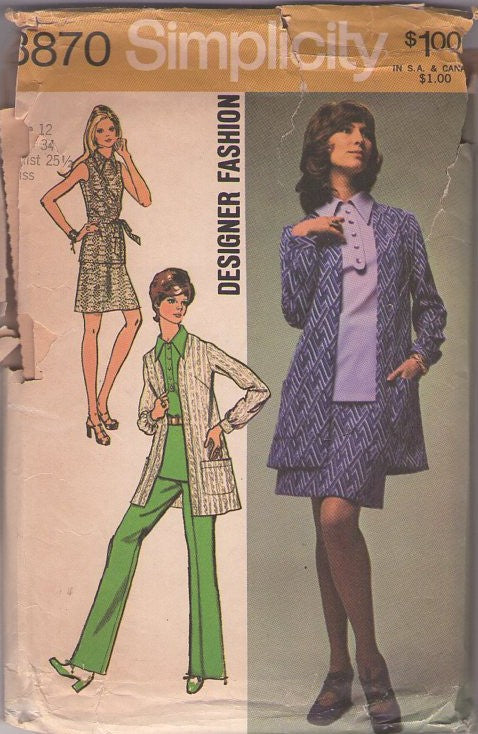Simplicity 8870 Vintage 70's Sewing Pattern Mod Separates, Designer Fashion Secretary Polo Shirt Tunic Top Blouse, Cardigan Jacket, Skirt & Pants Size 12