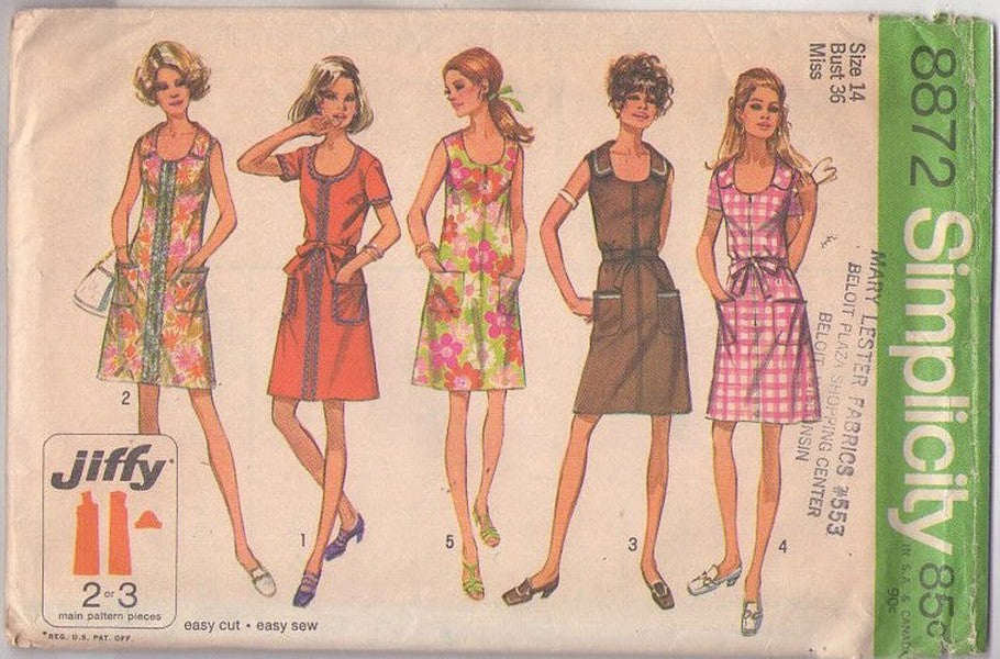 Simplicity 8872 Vintage 70's Sewing Pattern Mod Jiffy Dresses, Easy Scoop Neck, Front Zippered House Dress, Day Dress, 5 Summer Styles Size 14