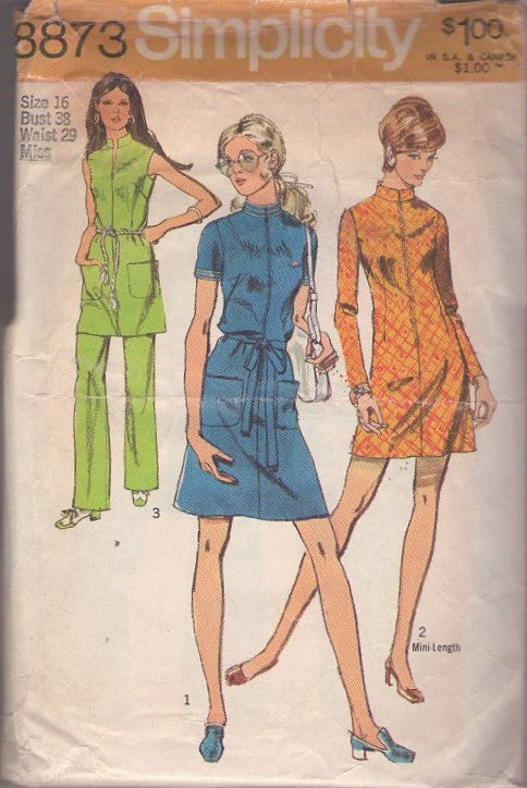 Simplicity 8873 Vintage 70's Sewing Pattern Mod Separates, Nehru Stand Up Collar Front Zip Mini Dress, Secretary Day Dress, Tunic Top & Pants Pantsuit Size 16