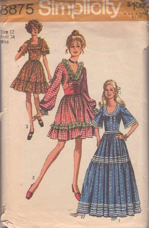 Simplicity 8875 Vintage 70's Sewing Pattern Farmcore Dresses, Look Full Skirt Square Dance Dress, Bohemian Maxi Gown, Mexican Wedding Dress 3 STYLES! Size 10