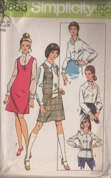 Simplicity 8883 Vintage 70's Sewing Pattern Mod Separates, Scoop Neck Short Jumper, Dress, Dart Fitted Blouse, Sheer or Classic Size 14