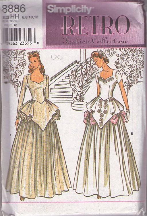 Simplicity 8886 Retro 90's Sewing Pattern 40s Style Gowns, Retro Fashion Collection, Draped Peplum Wedding Gown, Sweetheart Bridal Dress Set Size 6-12