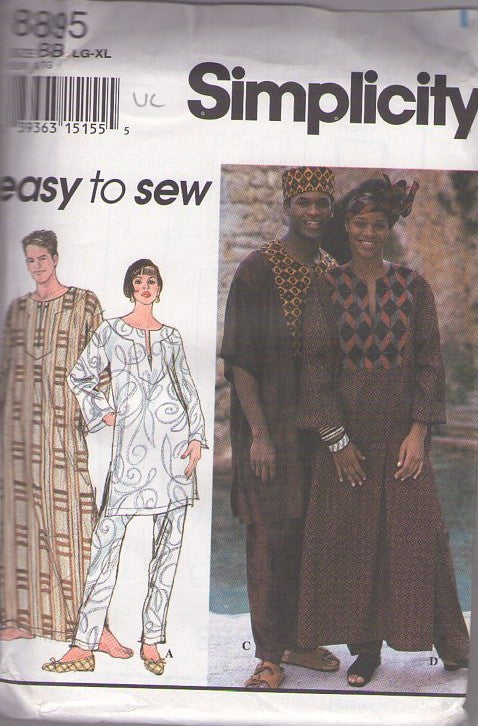 Simplicity 8895 Retro 90's Sewing Pattern Easy Dashiki Dress, Tunic Top, Muumuu Gown, Pants, Ethnic African Styles Unisex Size L-XL