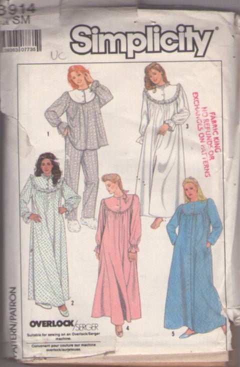 Simplicity 8914 Vintage 80's Sewing Pattern Modest Sleepwear, Scoop Yoke, Farmcore, Long Winter Nightgown, Pajamas Top, Pants, Dressing Gown Robe Size S