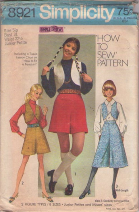 Simplicity 8921 Vintage 70's Sewing Pattern Mod Bolero Vest, Pantskirt, Shorts, Culottes, Gaucho Pants EASY Size 5JP