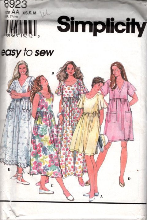 Simplicity 8923 Vintage 90's Sewing Pattern Easy Pullover Modest Dress Set, Cottagecore, Summer, Scoop Neck, 5 Styles Size XS-M