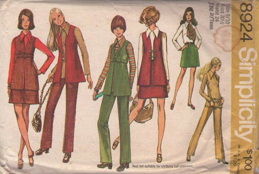 Simplicity 8924 Vintage 70's Sewing Pattern Mod Separates, High Waisted Vest Jacket Coat, Short Skirt, Pants, Tunic Top, Blouse Size 9/10