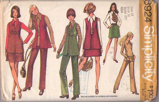 Simplicity 8924 Vintage 70's Sewing Pattern Mod Separates, High Waisted Vest Jacket Coat, Short Skirt, Pants, Tunic Top, Blouse Size 12 CUT