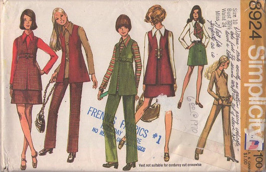 Simplicity 8924 Vintage 70's Sewing Pattern Mod Separates, High Waisted Vest Jacket Coat, Short Skirt, Pants, Tunic Top, Blouse Size 10