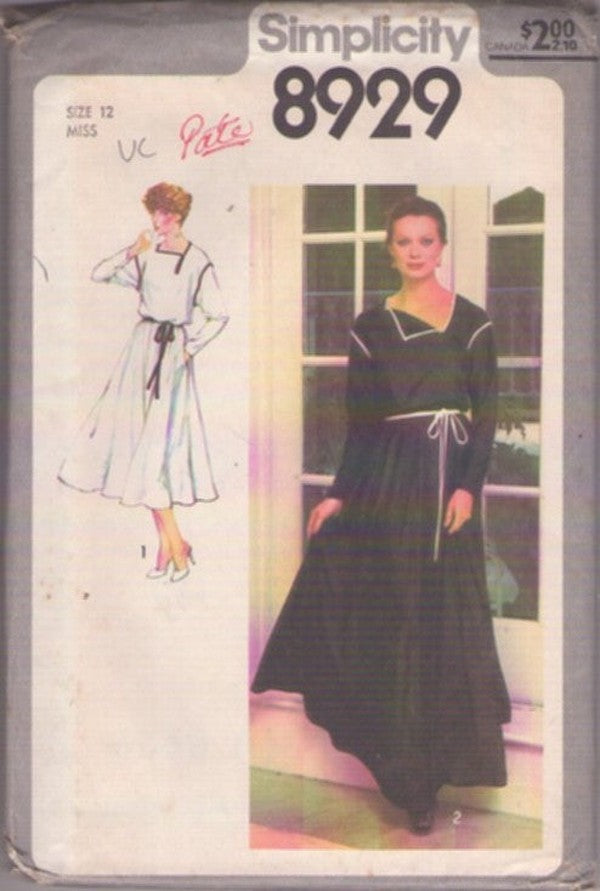 Simplicity 8929 Vintage 70's Sewing Pattern Disco Gown Set, Secretary Dolman Sleeve Flared Dress, Pockets, Flap Neckline Sweeping & Elegant Evening Party Gown Size 12