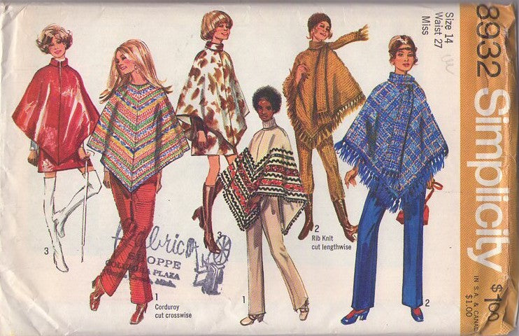 Simplicity 8932 Vintage 70's Sewing Pattern Mod Ponchos, Skirt & Pants, Hippie Ball Fringe Braid Trim Poncho Cape, Raincoat, Rain Cape, Mini Skirt, Pants Size 14