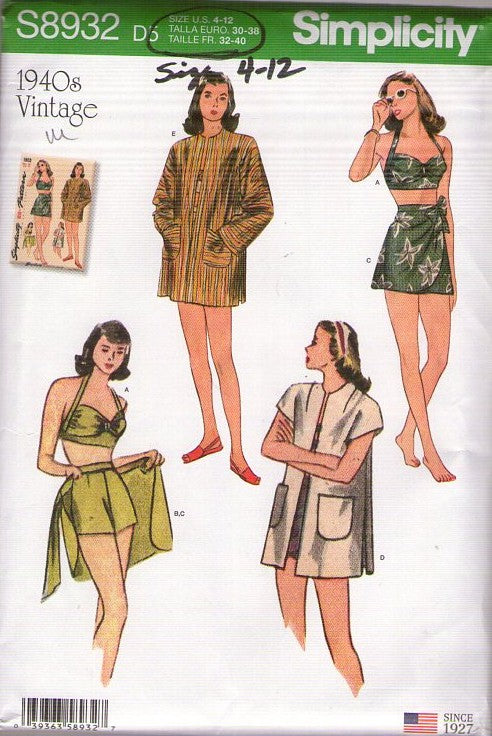 Simplicity 8932 Retro 2019 Sewing Pattern 1940s Repro Swimwear, Tiki Party Halter Bra Top, Swim Shorts, Wrap Skirt, Beach Coat Size 4-12