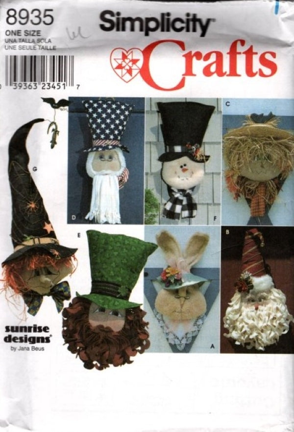 Simplicity 8935 Vintage 90's Sewing Pattern Holiday Crafts, Stuffed Stocking Head Wall Dolls, Designs by Jana Beus, Christmas, Winter, Easter, Halloween MORE