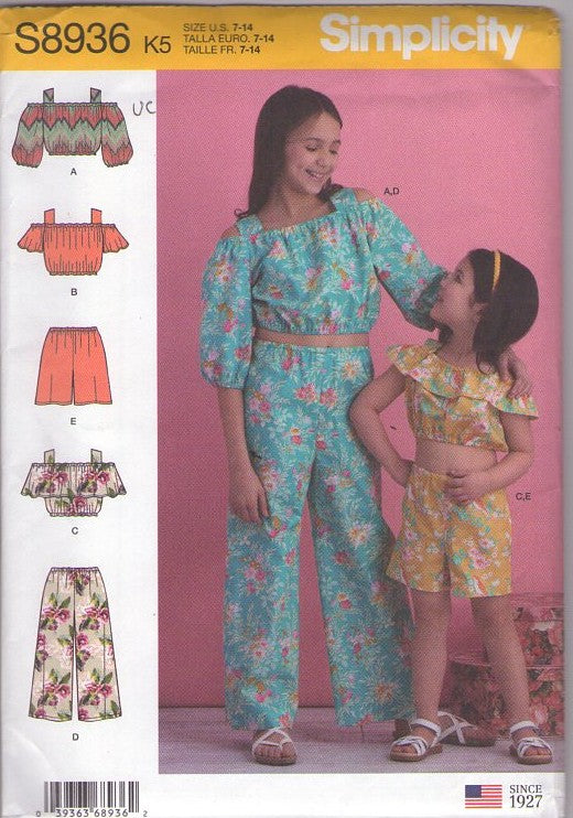 Simplicity 8936 Retro 2019 Sewing Pattern Girls' Cropped Off Shoulder Top Set, Summer, Shorts, Pants Size 7-14