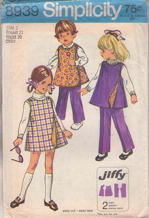 Simplicity 8939 Vintage 70's Sewing Pattern Girl's Separates, Brady Bunch Reversible Wrap Around & Button Dress, Jumper, Top & Pants Size 2