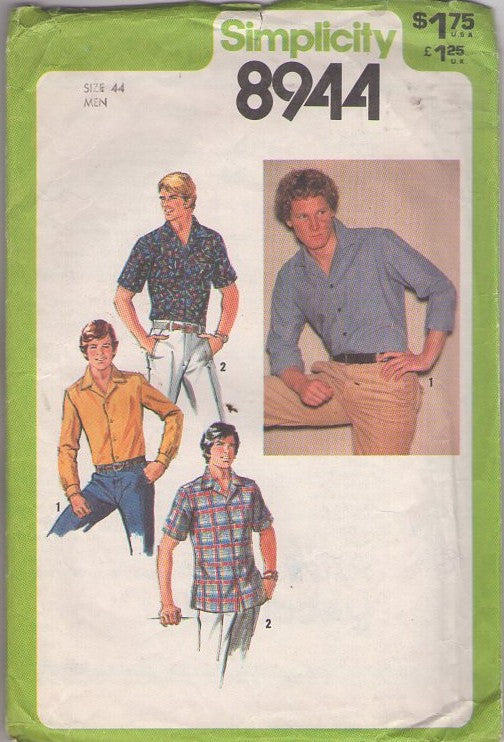 Simplicity 8944 Vintage 70's Sewing Pattern Mens' Shirts, Collared Button Down Shirt, Short or Long Sleeves Size 44 XL