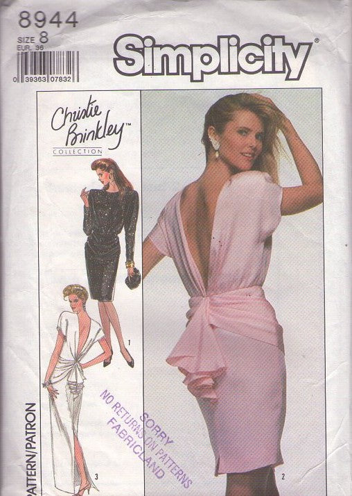Simplicity 8944 Vintage 80's Sewing Pattern Cocktail Dress, Evening Formal Gown, Christie Brinkley, Swag, Dipped Bare Back, Short or Long, 3 Styles Size 8
