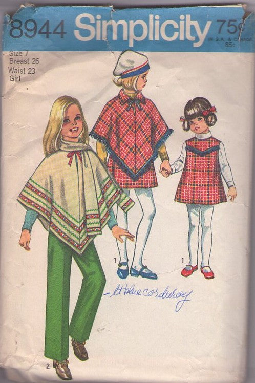 Simplicity 8944 Vintage 70's Sewing Pattern Girl's Separates, Bohemian Mod Trendy Poncho Cape, Fringe Trim Dress or Jumper, Pants & Scarf Size 7
