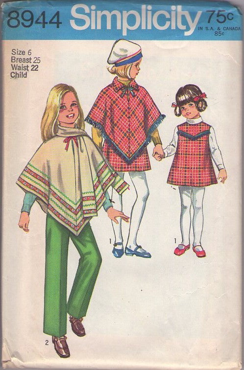 Simplicity 8944 Vintage 70's Sewing Pattern Girl's Separates, Bohemian Mod Trendy Poncho Cape, Fringe Trim Dress or Jumper, Pants & Scarf Size 6
