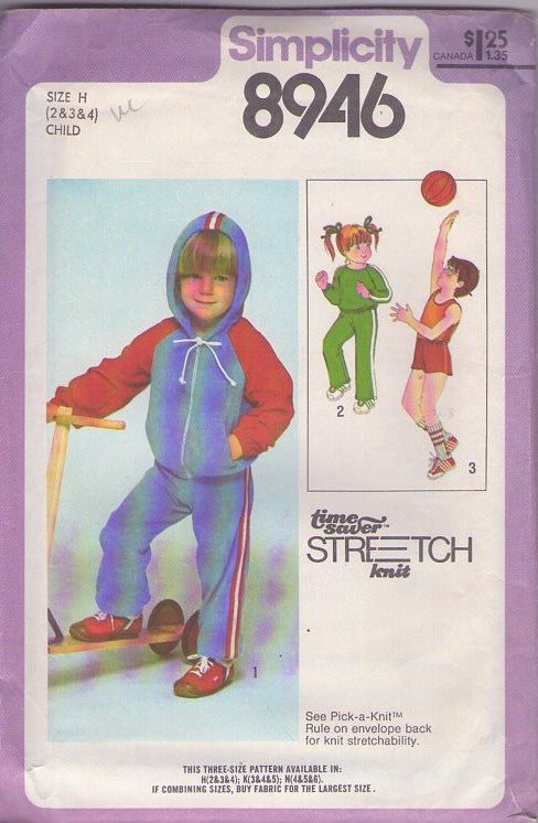 Simplicity 8946 Vintage 70's Sewing Pattern Boys' & Girl's Sports Shorts, Runner Jogging Suit Top & Pants, Tank Top, Hoodie Jacket, Coat Size 2-4