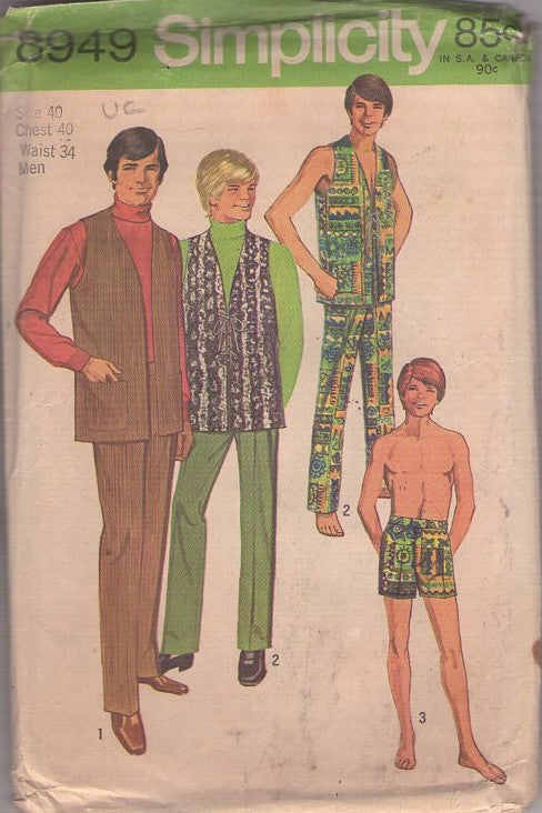 Simplicity 8949 Vintage 70's Sewing Pattern Hippie Separates, Men's Beatnik Vest Jacket, Trousers, Swim Trunks Shorts Size 40 L