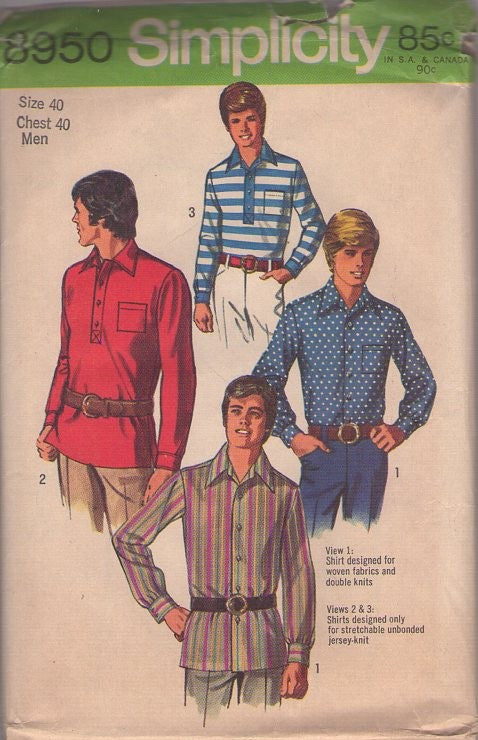 Simplicity 8950 Vintage 70's Sewing Pattern Men's Beatnik Tops, Hippie Dress Shirt, Polo Shirt, Tunic Shirt Size 40 L
