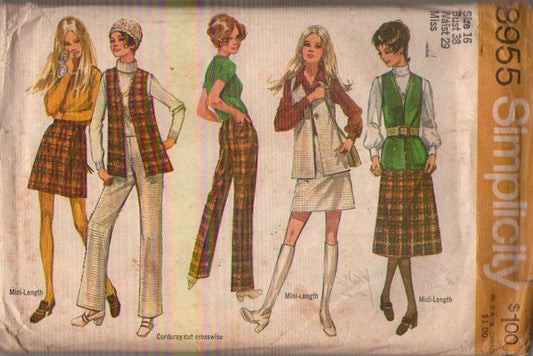 Simplicity 8955 Vintage 70's Sewing Pattern Mod Separates, Vest Jacket, Mini or Midi Skirt, Horizontal Cut Corduroy Pants Size 16 CUT
