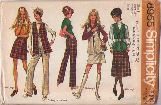 Simplicity 8955 Vintage 70's Sewing Pattern Mod Separates, Vest Jacket, Mini or Midi Skirt, Horizontal Cut Corduroy Pants Size 12 CUT
