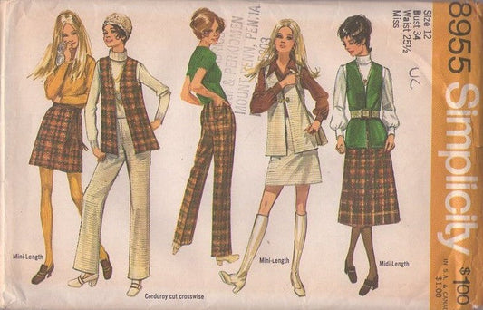 Simplicity 8955 Vintage 70's Sewing Pattern Mod Separates, Vest Jacket, Mini or Midi Skirt, Horizontal Cut Corduroy Pants Size 12 UNCUT