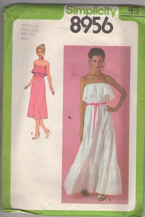 Simplicity 8956 Vintage 70's Sewing Pattern Disco Dress, Saturday Night Fever, Strapless Bust Ruffle Disco Party Dress, Maxi Prom Evening Gown Formal Size 6-8