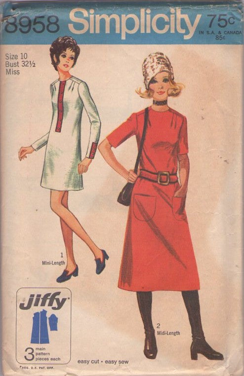 Simplicity 8958 Vintage 70's Sewing Pattern Mod Dress Set, Jiffy Button Band Trim  Easy To Sew Mini or Midi Dress Size 10