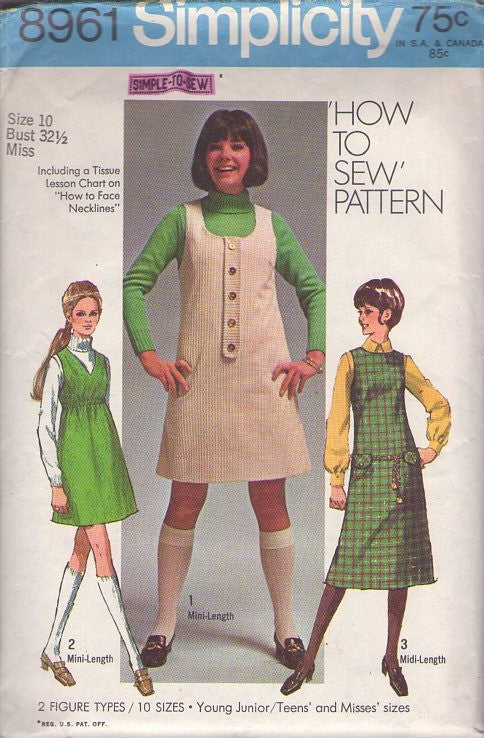Simplicity 8961 Vintage 70's Sewing Pattern Mod Jumpers, Easy How to Sew, 3 Neckline Mini or Midi Jumper, Dress, 3 Styles Size 10