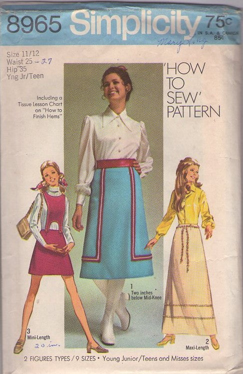 Simplicity 8965 Vintage 70's Sewing Pattern Mod Skirts, Ribbon or Sequin Band Trim, Midi Maxi Skirt or Detachable Bib Collar Mini Skirt Size 11/12