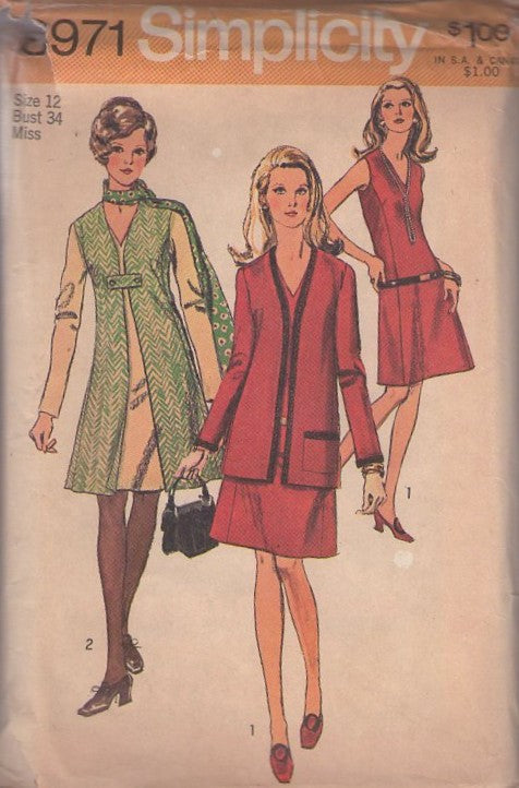 Simplicity 8971 Vintage 70's Sewing Pattern Mod Separates, Secretary Styles, Button Tab Front Vest Coat, Suit Jacket Cardigan V Neck Dress Size 12