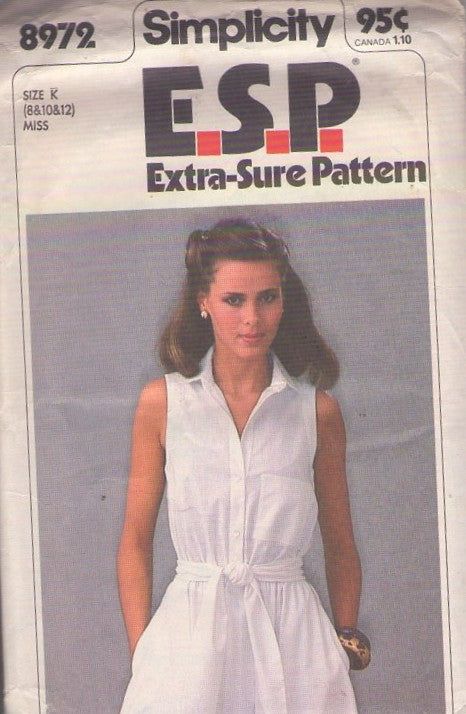 Simplicity 8972 Vintage 70's Sewing Pattern Easy Summer Shirtwaist Dress, Sundress Size 8-12