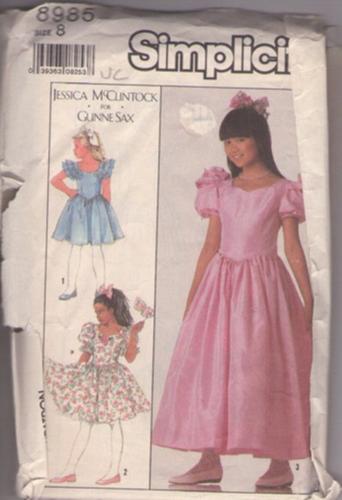 Simplicity 8985 Vintage 80's Sewing Pattern Girl's Formal Dress, Designer Jessica McClintock for Gunne Sax, Party Formal, Cottagecore 3 Styles Size 8