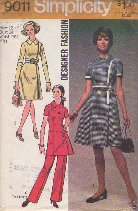 Simplicity 9011 Vintage 70's Sewing Pattern Mod Dresses, Secretary Designer Fashion Front Interest Collared Pleated Tunic Top & Pants, Day Dress, 3 Styles Size 12