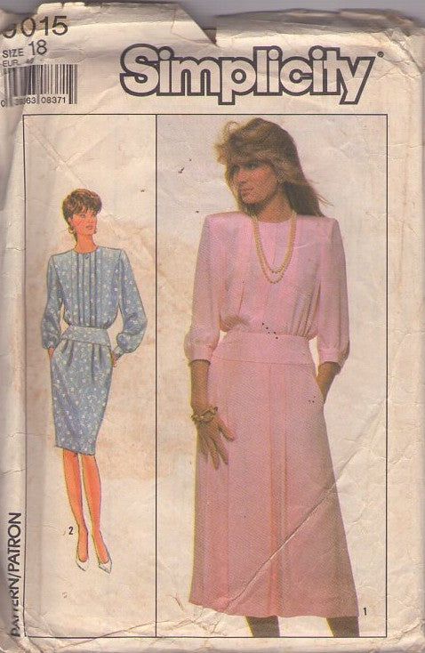 Simplicity 9015 Vintage 80's Sewing Pattern Modest Secretary Dress, Hip Yoke, Pleats, Blouson, 2 Styles Size 18