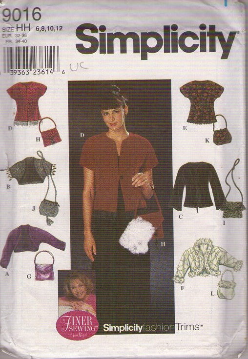 Simplicity 9016 Retro 90's Sewing Pattern Fashion Trims, Shrug Jacket, Purse, Bags, Accessory Set Size 6-12