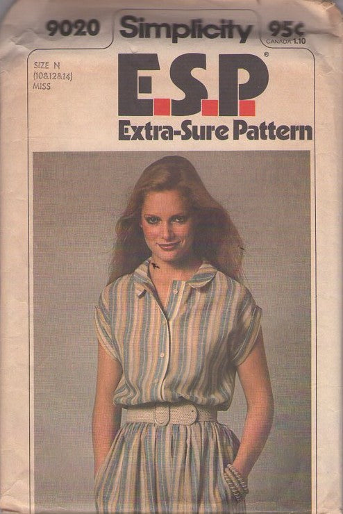 Simplicity 9020 Vintage 70's Sewing Pattern Classic Shirtwaist Dress, Blouson Boddice, Brief Short Sleeve, Pockets Size 10-14