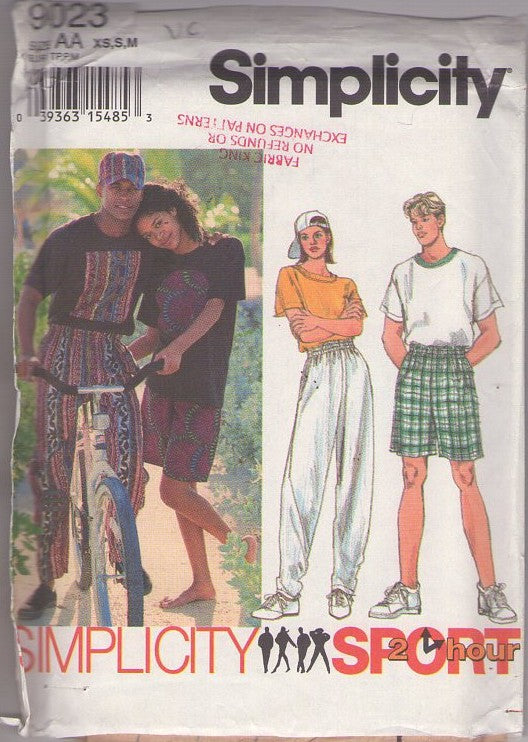 Simplicity 9023 Vintage 90's Sewing Pattern Unisex Pull On Shorts, Pants, Surfer Jams, Tshirt Top and Cap Size XS-M