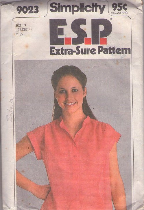 Simplicity 9023 Vintage 70's Sewing Pattern Easy Brief Sleeve Shirt, Blouse Size 10-14