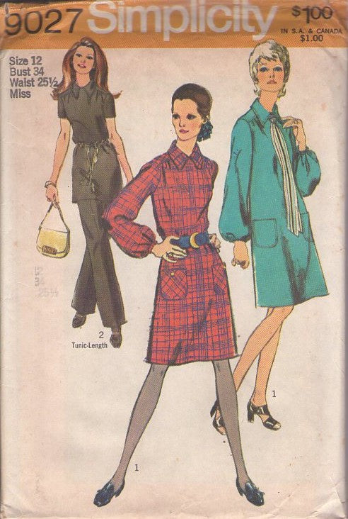 Simplicity 9027 Vintage 70's Sewing Pattern Mod Dress Set, That Girl, Flared A-Line Tunic Top, Secretary Dress & Pants Size 12