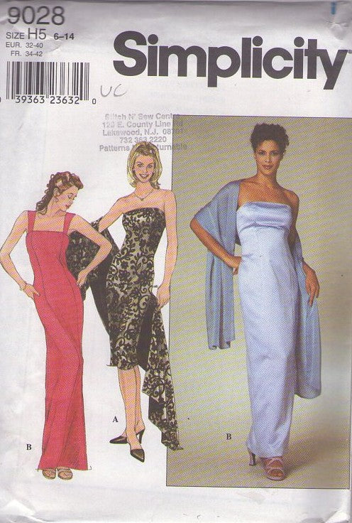 Simplicity 9028 Vintage 90's Sewing Pattern Sheath Formal Dress Set, Bombshell Vixen, Strapless or Wide Straps, Torch Singer, Evening Gown, Maxi Dress, Cocktail Party Dress & Shawl Cover Up Size 6-14