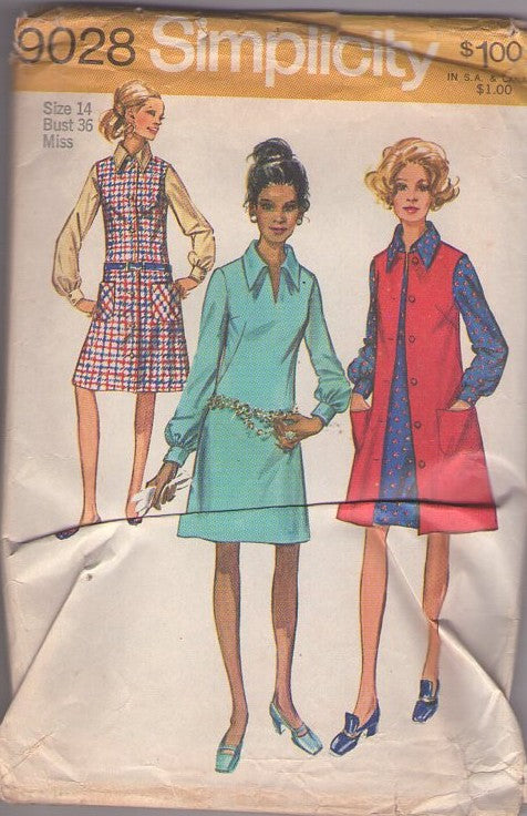 Simplicity 9028 Vintage 70's Sewing Pattern Secretary Dress Set, Big Pointed Collar, Slit Neck Balloon Sleeve, Front Buttoned Jumper, Sleeveless Jacket Size 14