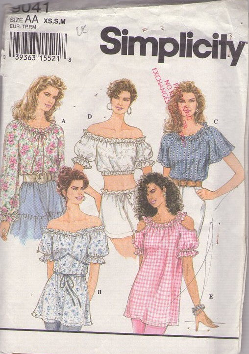 Simplicity 9041 Vintage 90's Sewing Pattern Prairie Blouse, Daisy Duke Tops, Off or Cold Shoulder, 5 Styles Size XS-M