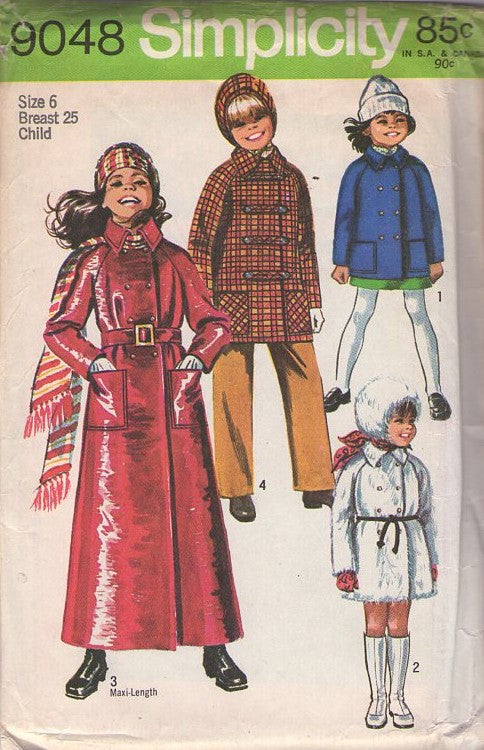 Simplicity 9048 Vintage 70's Sewing Pattern Girl's Coats, Double Breasted, Mod, Raglan Sleeve Coat, Raincoat, Short, Faux Fur Jacket, Spy Girl Maxi with Hat Size 6