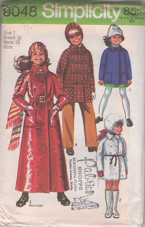 Simplicity 9048 Vintage 70's Sewing Pattern Girl's Coats, Double Breasted, Mod, Raglan Sleeve Coat, Raincoat, Short, Faux Fur Jacket, Spy Girl Maxi with Hat Size 7